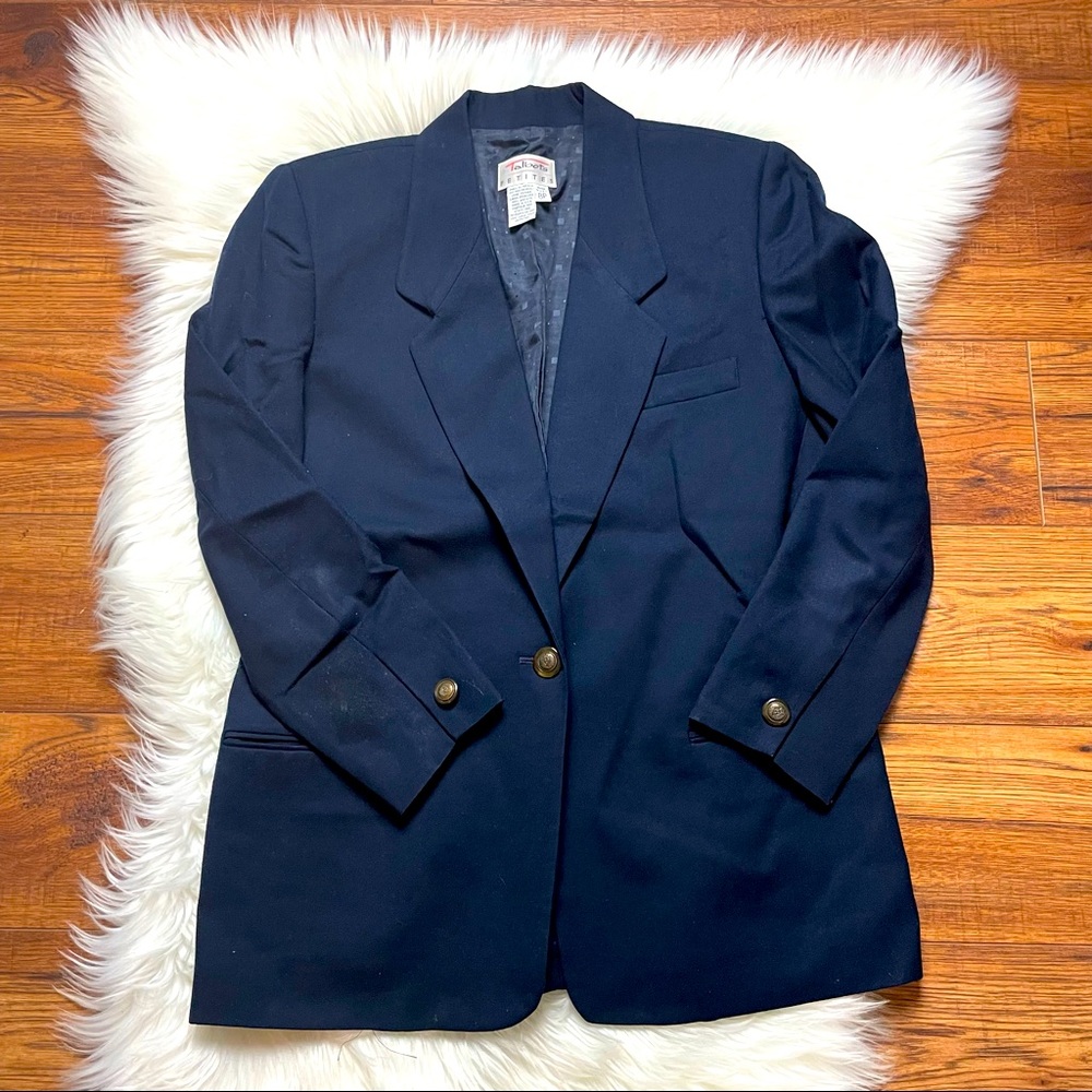 Talbots Women’s Navy/Gold Button Vintage 100% Worsted Wool Blazer Size 8P EUC